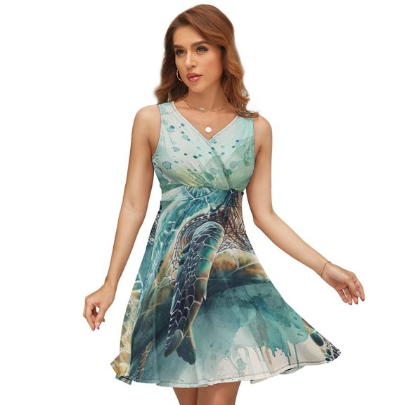 Watercolor Sea Turtle Colorful Women's Tank Dress V Neck Sleeveless Summer Sundress