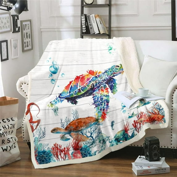 Watercolor Sea Turtle Sherpa Blanket,Cute Octopus Jellyfish Blanket Colorful Coral Seaweed Throw Blanket for Bed Chair Throw Size,Ocean Tortoise Reptile Fleece Blanket,White Striped Wooden Room Decor