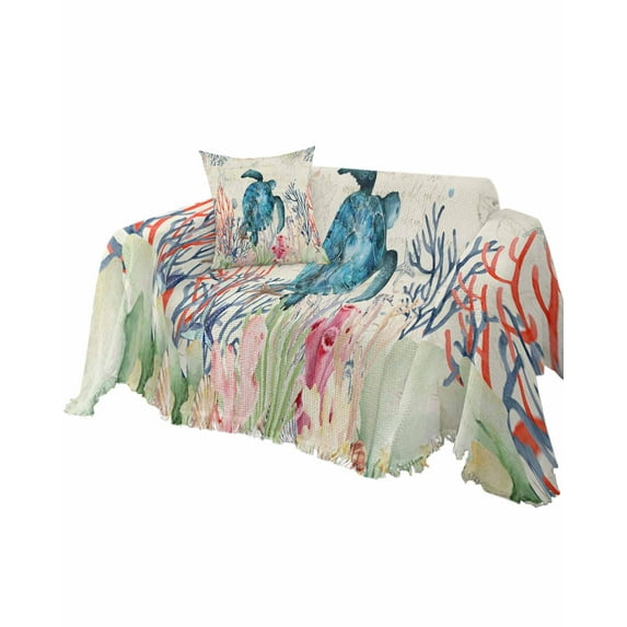 Watercolor Sea Turtle Sofa Couch Covers for Dog,Washable Sofa Throw Cover Single Slipcovers for Armchair with Tassels,Coastal Vintage Ocean Beach Tortoise Couch Protector Towel Blanket Medium 71x91