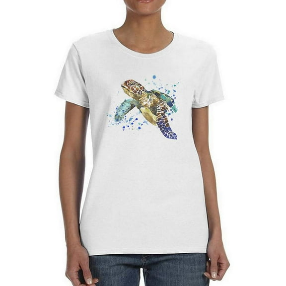 Watercolor Sea Turtle Splash Shaped T-Shirt Women -Image by Shutterstock, Female Medium