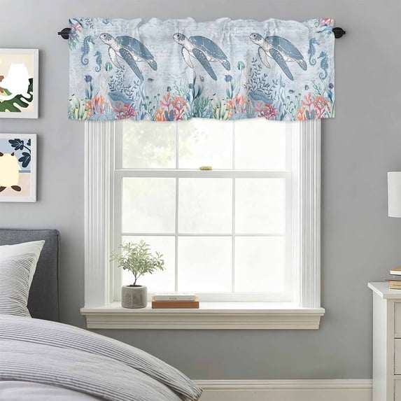 Watercolor Sea Turtles Fish Valances for Windows,Kitchen Valance Rod Pocket Short Curtain, Marine Creatures Seahorse Valance Curtain Window Valances for Bedroom Bathroom Living Room 42x18in