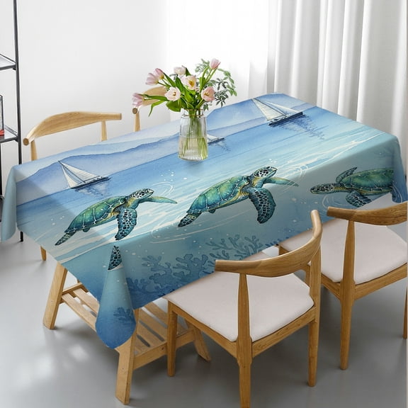 Watercolor Sea Turtles Tablecloths for dining table, Festive Table Setting - 2D Flat Printing Tablecloths rectangle tables large size, Cafe, dinner, brunch, buffet, picnic