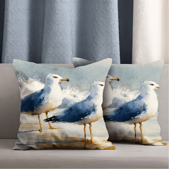 Watercolor Seagull Group Coastal Waves Short Plush Pillow, Freehand Style Decorative Throw Cushion, Living Room Bedroom Home Decor, Soft Pillow, 2pcs Set