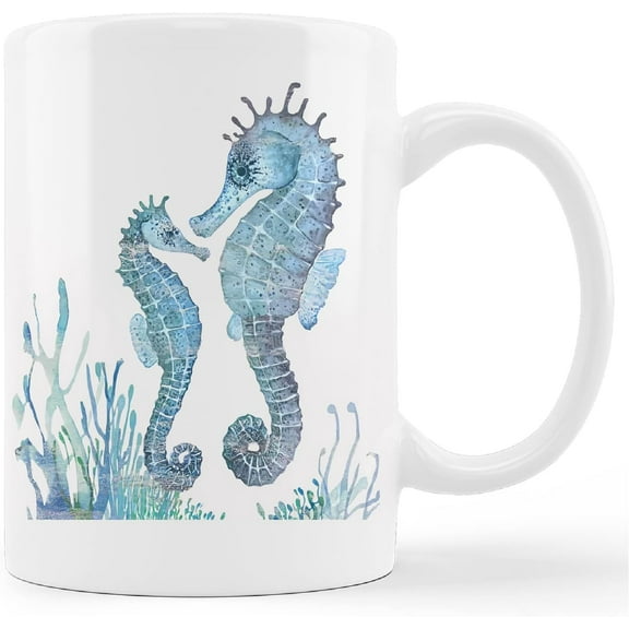 Watercolor Seahorse Mug Cup,Sea Life Seahorses Couple Ceramic Mug-11oz Coffee Milk Tea Mug Cup,Seahorse Lovers Gifts,Boys Men Students Kids Coworkers Gifts