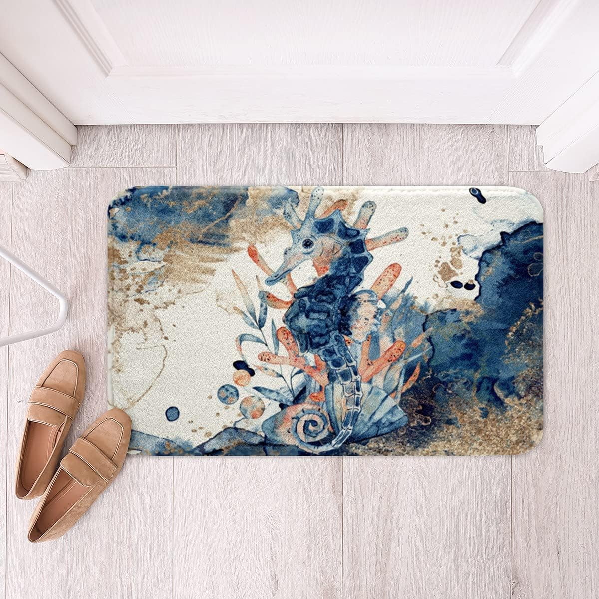 Watercolor Seahorse Super Plush Bath Mats,Blue Shading Marble Printing