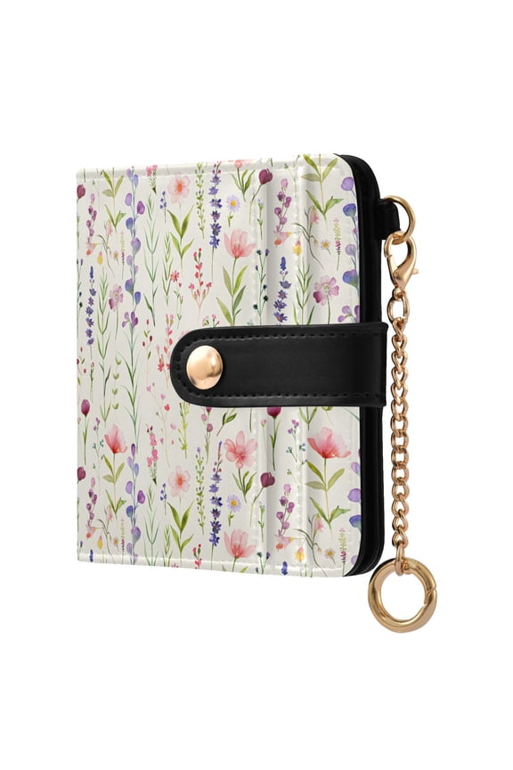 Watercolor Seamless with Wildflowers Small Wallet for Women RFID Blocking Bifold PU Leather Credit Card Holder with Zipper Coin Pocket Compact Cute Travel Purse Magnetic Snap 7 Card Slots