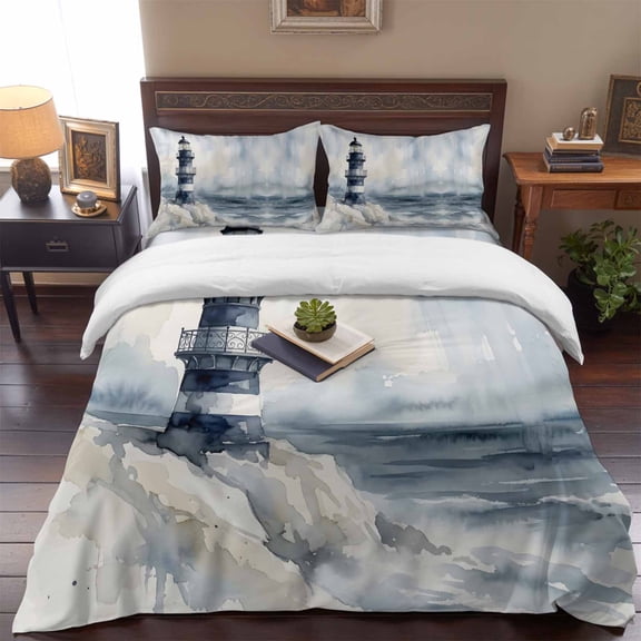 Watercolor Seaside Lighthouse Queen Size Bed Set,Coastal Ocean Wave Oil Painting Bedding for All Seasons,4 Pcs Bed Set,1 Quiltcover (90"x90"),1 Sheet (90"x102"),2 Pillowcases (20"x30")