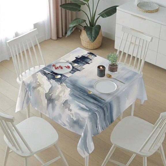 Watercolor Seaside Lighthouse Table Cloth 54x54in, Waterproof Square Tablecloth Wipeable Tablecloths Coastal Ocean Wave Oil Painting Table Covers for Dining Tables Party Indoor Outdoor