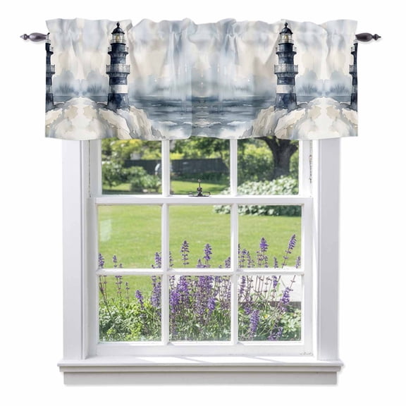 Watercolor Seaside Lighthouse Valances for Windows,Kitchen Valance Rod Pocket Short Curtain, Coastal Ocean Wave Oil Painting Valance Curtain Window Valances for Bedroom Bathroom Living Room 42x12in