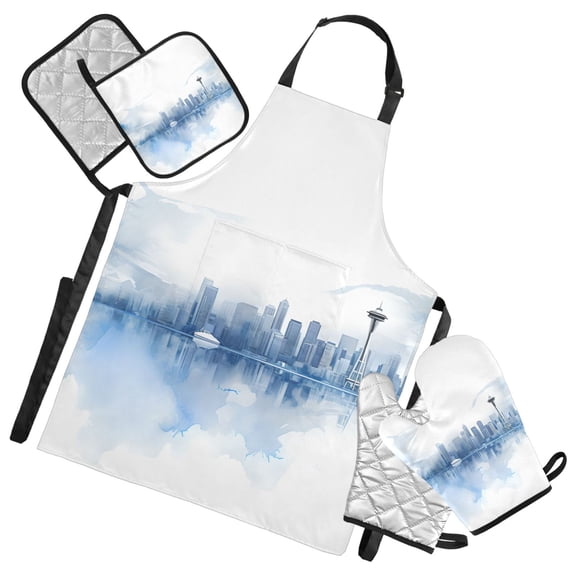 Watercolor Seattle Skyline 5 Pcs Kitchen Set Heat Resistant Oven Mitts and Non-Slip Pot Holders with Adjustable Cooking Apron