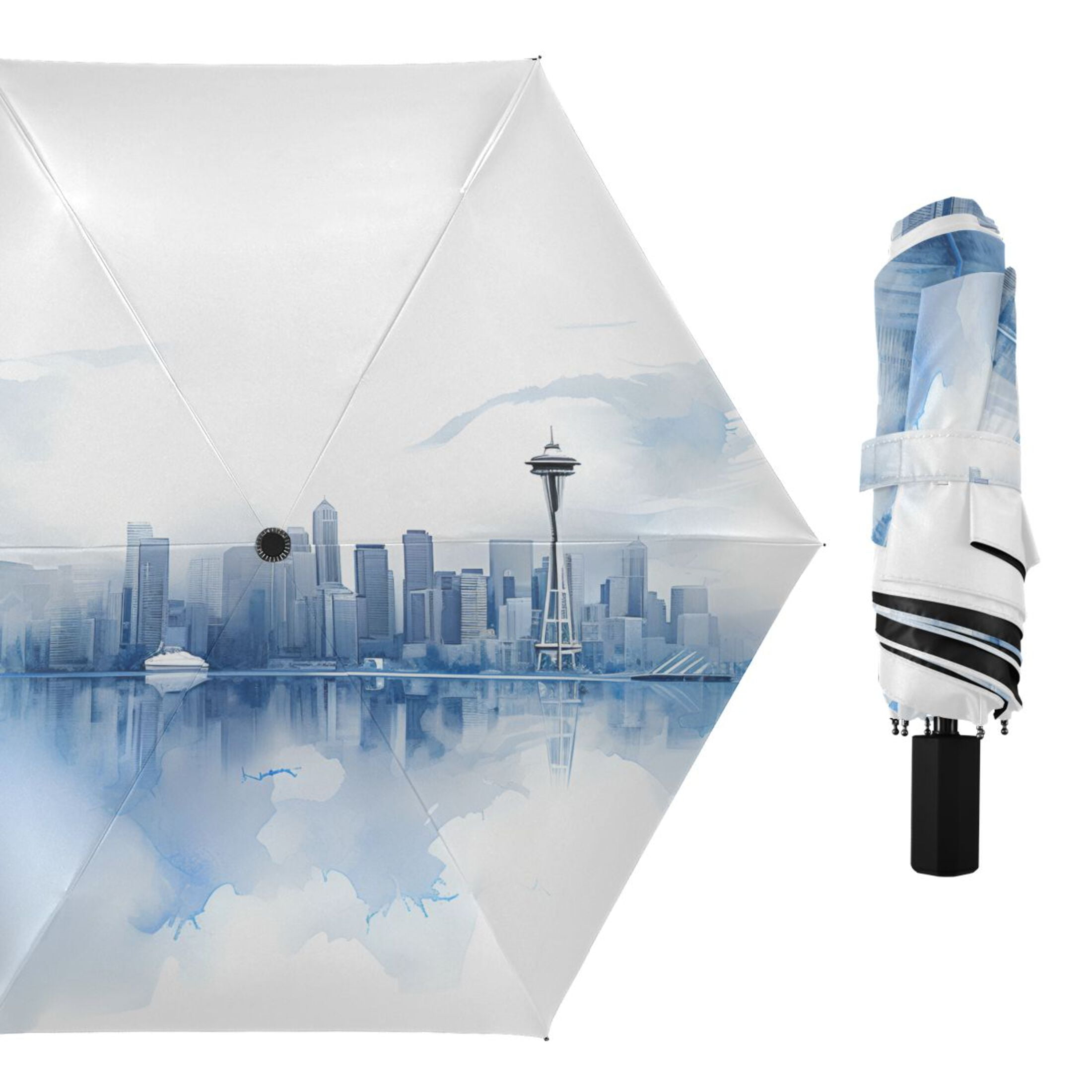 Watercolor Seattle Skyline Compact Sun Umbrella Windproof Travel Umbrellas for Rain Strong Portable UV Protection