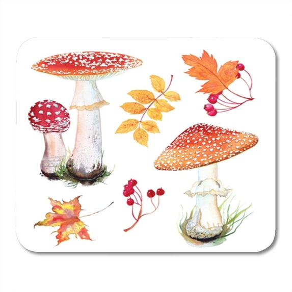 Watercolor Set of Fly Agaric Mushroom in Grass and Autumn Mousepad Mouse Pad Mouse Mat 9x10 inch