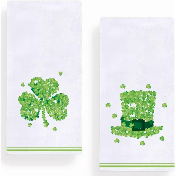 Watercolor Shamrock Hat Stripe Kitchen Towels Dish Towels, 18x26 Inch Seasonal Clover St. Patrick''s Day Decoration Hand Towels Set of 2