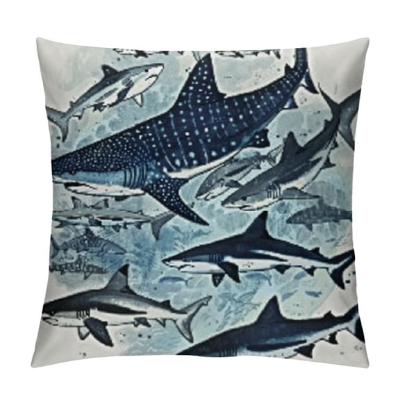 Watercolor Sharks and Whales Rustic Marine Life Pillow Case,Decorate Coastal Beach House Home Kids Room Nursery,Shark Whale Lovers Kids Teens Adults Gifts,
