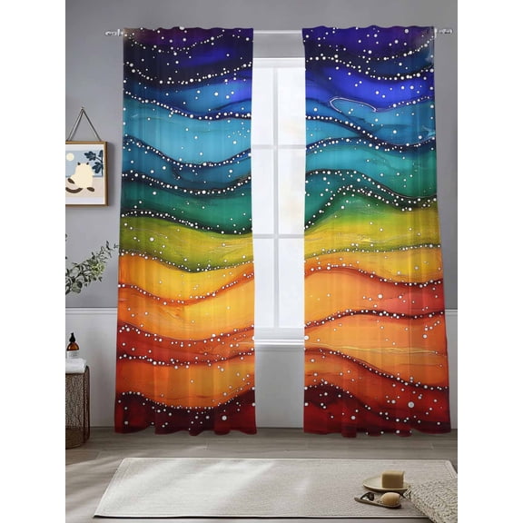 Watercolor Sheer Curtains 96 Inches Long 2 Panels Marble Texture Rainbow Wave Beach Light Filtering Semi Sheer Window Curtains Drapes for Bedroom Living Room 52"x96"