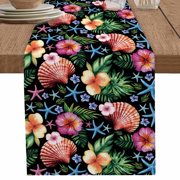 Watercolor Shell Flower Leaves on Black Table Runner-36 Inch Long Beach Starfish Table Runners Linen Burlap Tablerunner for Kitchen Dining Room Holiday Party