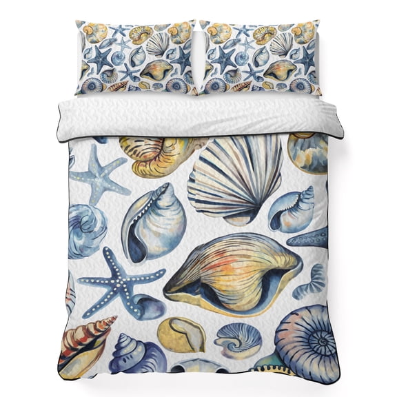 Watercolor Shell Starfish 3 Piece Quilt Bedding Set with 2 Pillow Shams, Summer Ocean Lightweight Bedspread Coverlet, Soft Breathable All Season Quilt, 68 x 98 Inch
