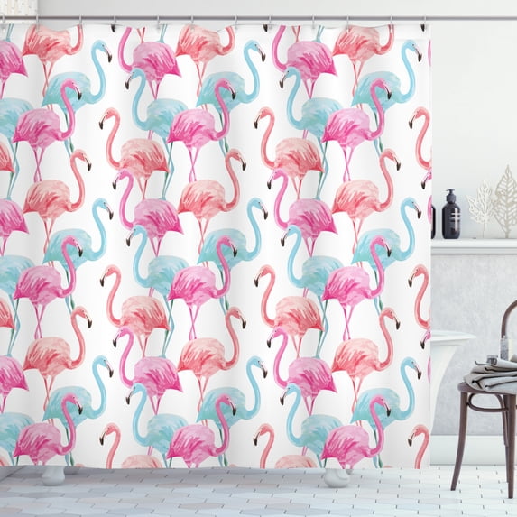 Watercolor Shower Curtain, Flamingos in Many Colors Hand Drawn Bird Exotic Animals Illustration, Fabric Bathroom Set with Hooks, 69W X 84L Inches Extra Long, Baby Blue Salmon Pink, by Ambesonne