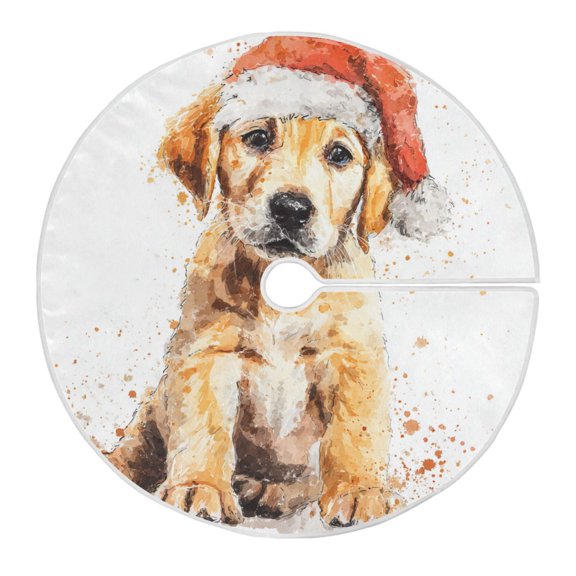Watercolor Sitting Dog with Christmas Hat Christmas Tree Skirt Opening Design Floor Mat Holiday Decor 35 inch