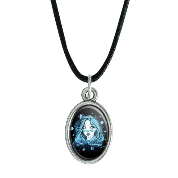 Watercolor Sketch of a Modern Day Mermaid Antiqued Oval Charm Pendant with Black Satin Cord