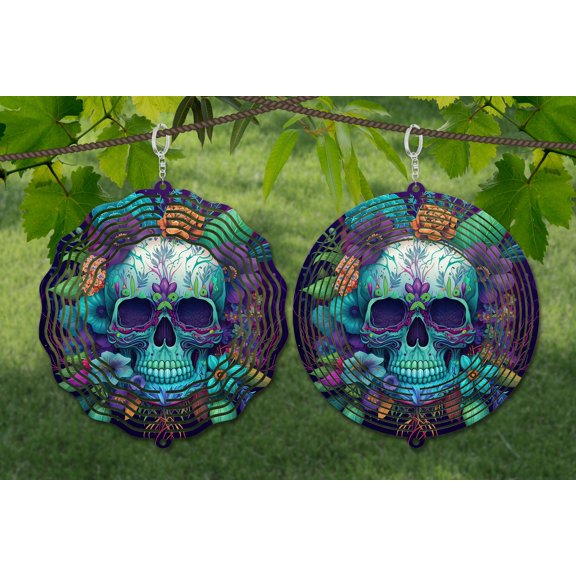 Watercolor Skull 10 Inch Metal Wind Spinner, 3D Kinetic Outdoor Hanging Garden Decor for Yard Patio, Gift for Men