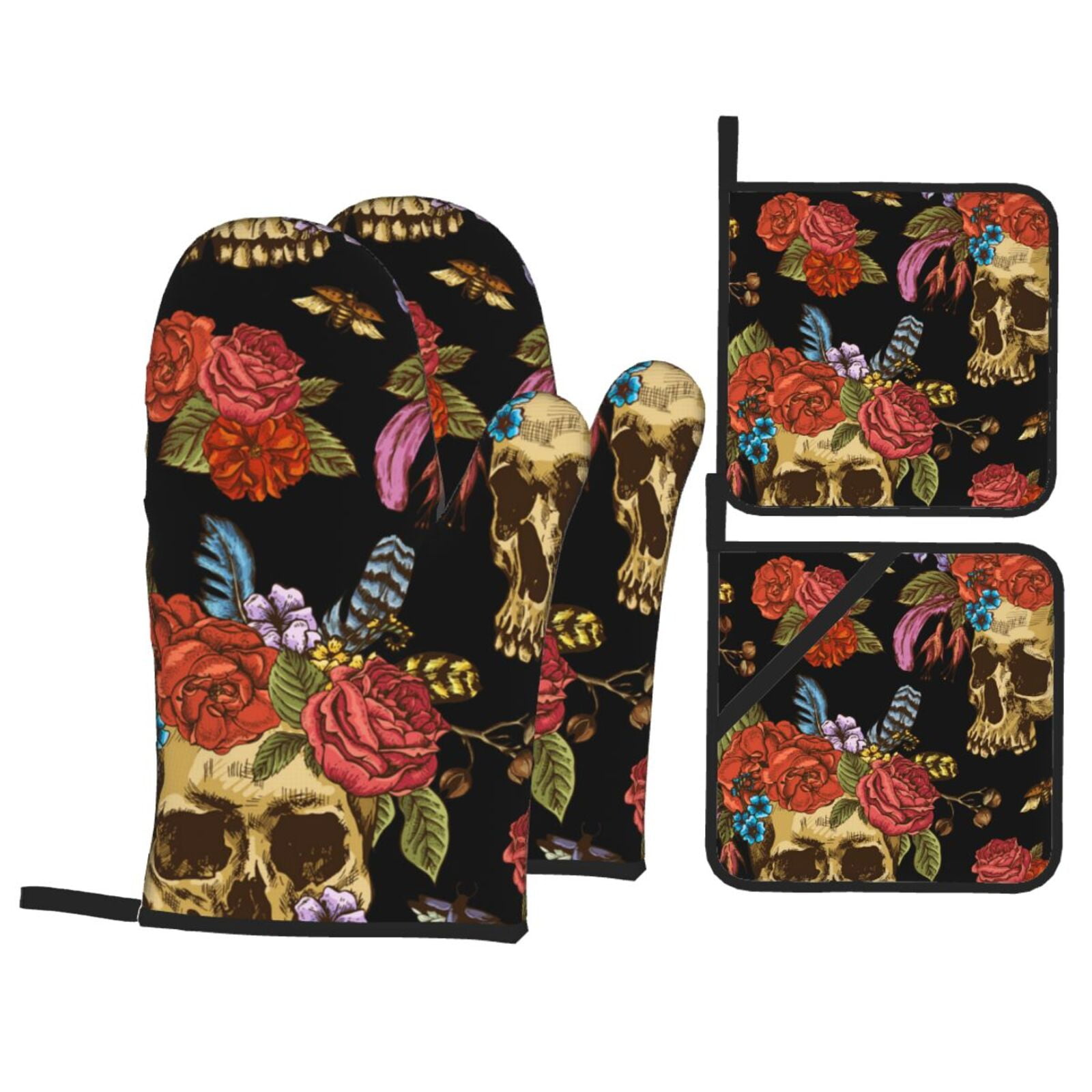 Watercolor Skull Flowers Day Dead 4Pcs Oven Mitts and Pot Holders Sets Oven Kitchen Gloves Hot Pads for Cooking BBQ Baking Grilling