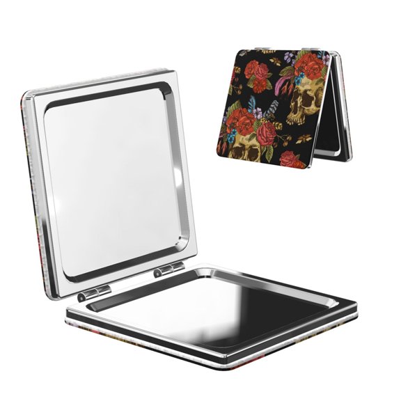 Watercolor Skull Flowers Day Dead Portable Double-Sided Face Mirror Square, Magnifying Compact Pocket Mirror with PU Leather Cover