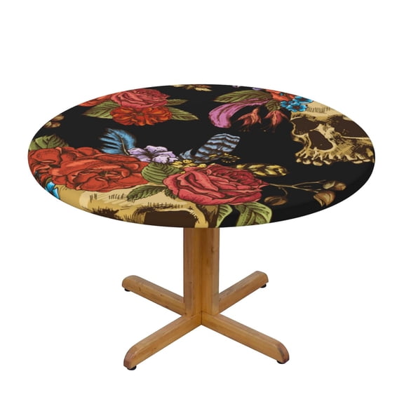 Watercolor Skull Flowers Day Dead Round Fitted Tablecloth Elastic Edged Table Cloth Waterproof Table Cover 48in