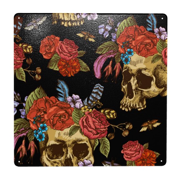 Watercolor Skull Flowers Day Dead Square Metal Sign 12x12 Inch Tin Sign Wall Decor Decorative Plaque for Bar, Cafe, Restaurant
