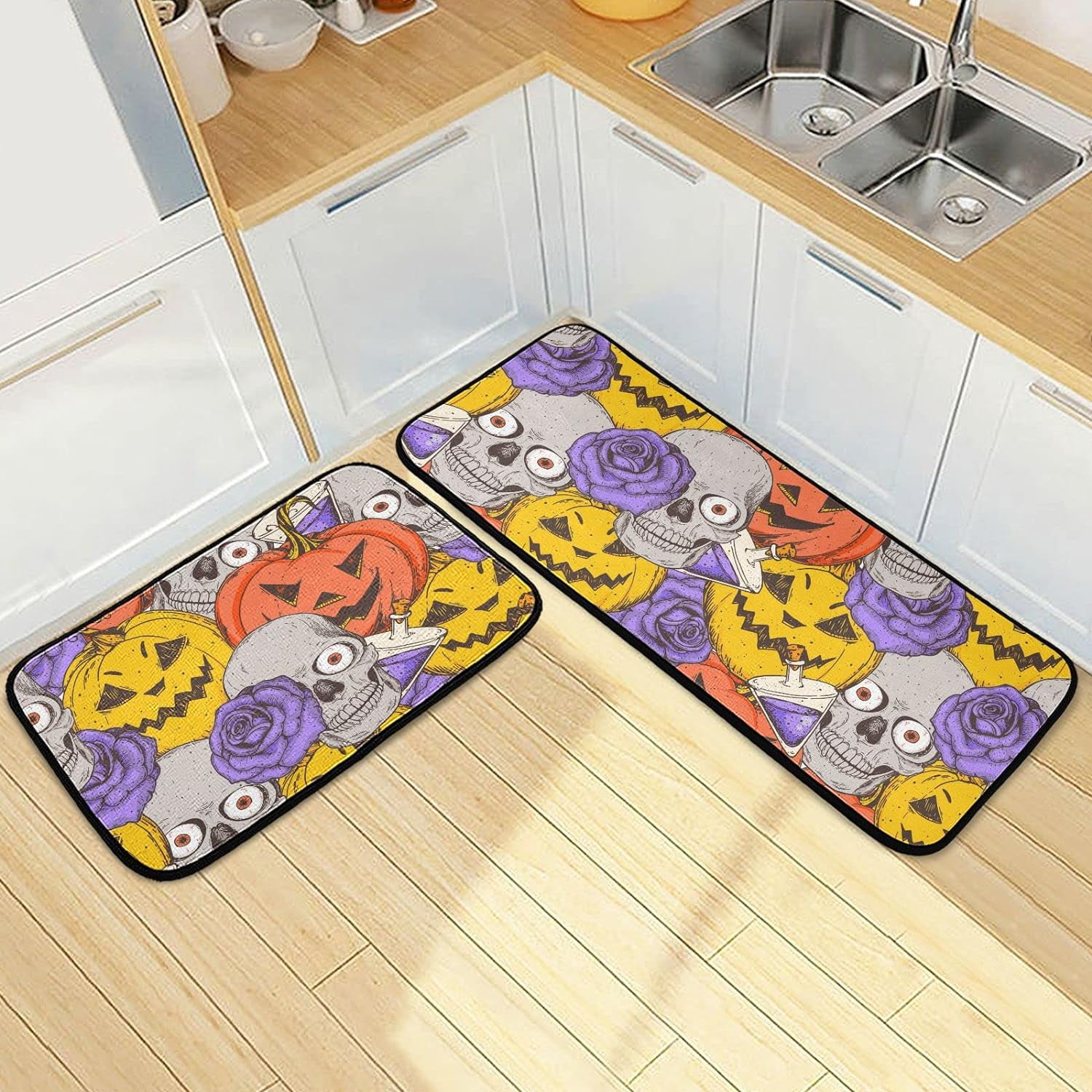 Watercolor Skulls Flower Kitchen Rugs 2 Pieces, Pumpkins Face Floor Mat