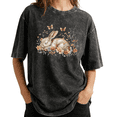 thumbnail image 1 of Watercolor Sleeping Bunny Floral Easter Wash Print Tshirt S-2XL Washed Black Graphic Tees Casual Shirts for Spring Tops, 1 of 4