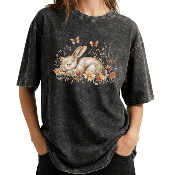Watercolor Sleeping Bunny Floral Easter Wash Print Tshirt S-2XL Washed Black Graphic Tees Casual Shirts for Spring Tops