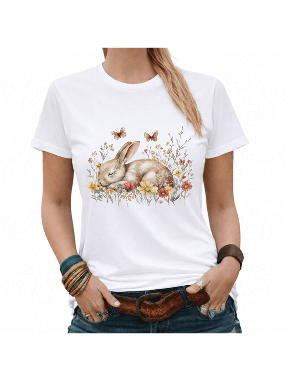 Watercolor Sleeping Easter Bunny Floral Graphic Tees Women's Spring Cottagecore Tshirt Tops S-5XL