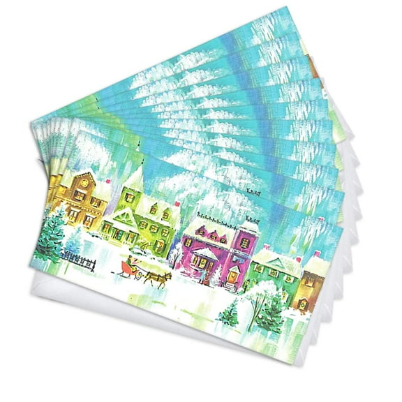 Watercolor Sleigh Scene Holiday Greeting Cards | 20 Pack Bulk Set (3.5x6.5)