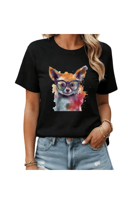Watercolor Smart Fox With Glasses Graphic Tees Womans T-shirt Black/White S-5XL Shirts Animal Lover Tops