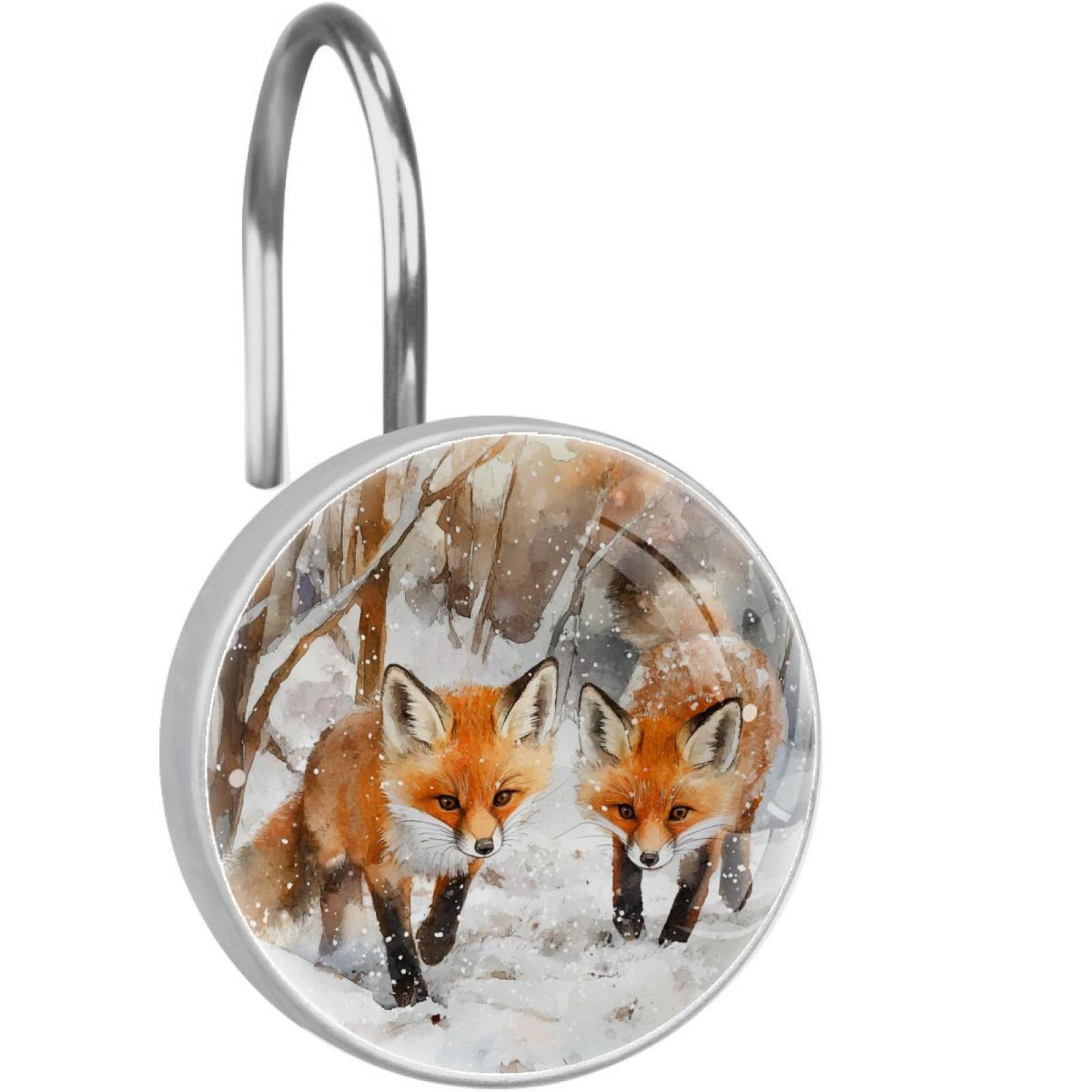 Watercolor Snow Running Foxes Shower Curtain Hooks Round Crystal Glass, Set of 12 Shower Curtain Rings - Shower Hooks for Curtain Shower Rings