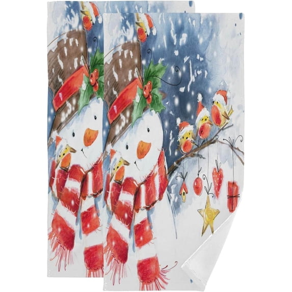 Watercolor Snowman Cute Bird Hand Towels, Christmas Kitchen Towel Ultra Soft and Absorbent,Decorative Fingertip Face Towel for Bathroom Hotel, 2 PCS, 28.3"x 14.4"