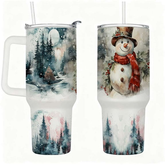 Watercolor Snowman Stainless Steel Tumbler with Handle & Straw, Double Wall Insulated Christmas Travel Mug