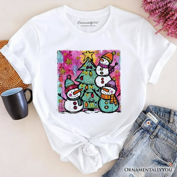 Watercolor Snowmen Christmas Tree T-Shirt, Vintage Holiday Retro Tee