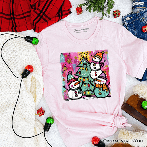 Watercolor Snowmen Christmas Tree T-Shirt, Vintage Holiday Retro Tee