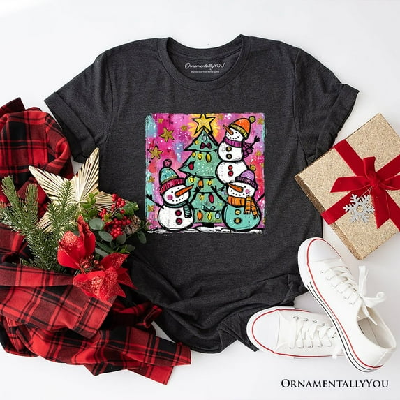 Watercolor Snowmen Christmas Tree T-Shirt, Vintage Holiday Retro Tee