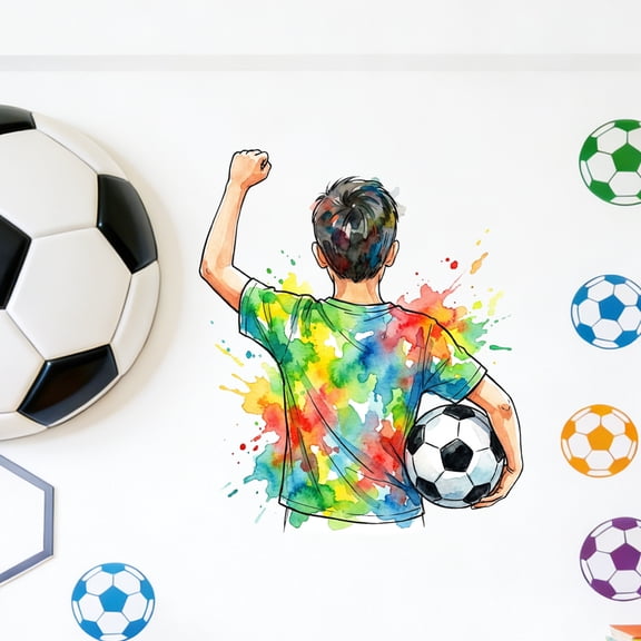 Watercolor Soccer Boy Wall Decal Removable Vinyl Sticker for Room Sports Art Decor Bedroom Living Room Playroom