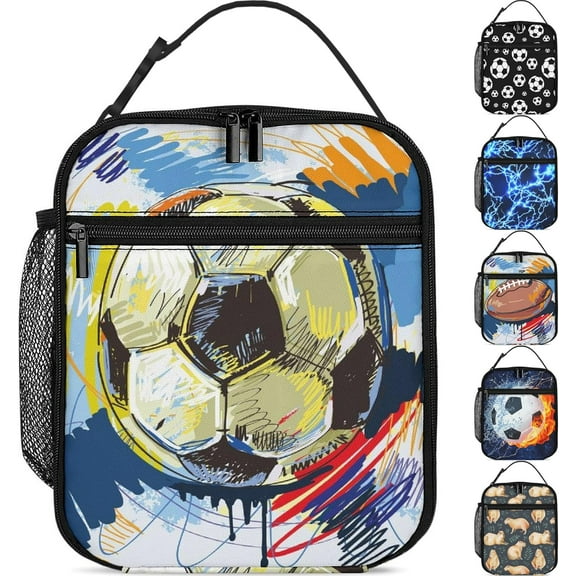 Watercolor Soccer Lunch Box Adult Insulated Lunch Bag Reusable Lunchbox with Side Pocket Lunch Tote Bag for Women Men Work Office Picnic