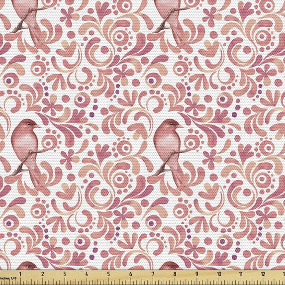 Ambesonne Watercolor Fabric by the Yard Upholstery, Bird on Branch, 1 Yard, Coral Dried Rose White