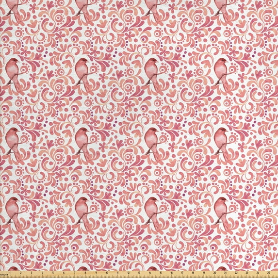 Watercolor Sofa Upholstery Fabric by the Yard, Bird on Tree Branch Floral Swirls Curves Little Dots Wildlife, Decorative Fabric for DIY and Home Accents, Coral Dried Rose White by Ambesonne