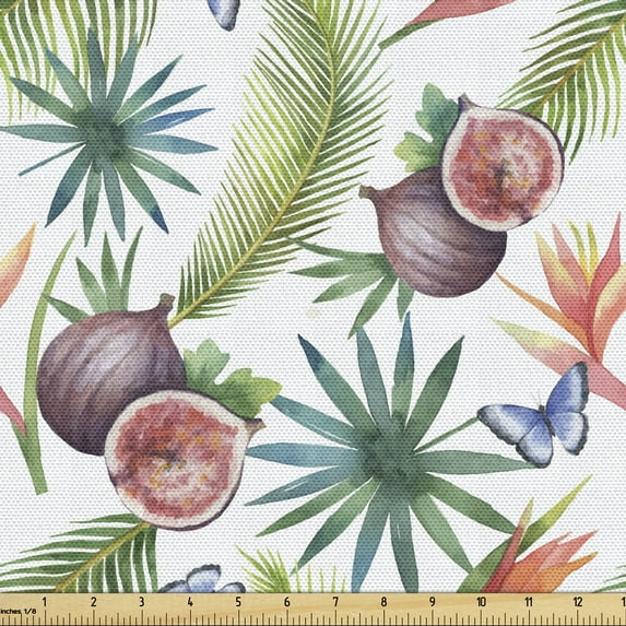 Watercolor Sofa Upholstery Fabric by the Yard, Illustration of Whole or Sliced Figs and Palm Leaves Aloha Vibes, Decorative Fabric for DIY and Home Accents, Multicolor by Ambesonne