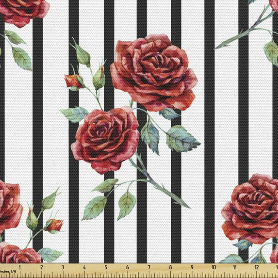 Ambesonne Watercolor Fabric by the Yard Upholstery, Valentines Day Rose, 2 Yards, Ruby Reseda Green Black