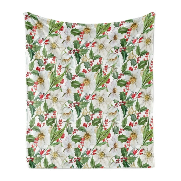 Watercolor Soft Flannel Fleece Blanket, Christmas Themed Floral Poinsettia Berries Winter Inspirations Leaf, Cozy Plush for Indoor and Outdoor Use, 60" x 80", Vermilion Yellow Green, by Ambesonne