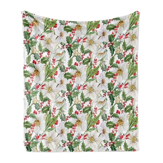 Watercolor Soft Flannel Fleece Blanket, Christmas Themed Floral Poinsettia Berries Winter Inspirations Leaf, Cozy Plush for Indoor and Outdoor Use, 60" x 80", Vermilion Yellow Green, by Ambesonne