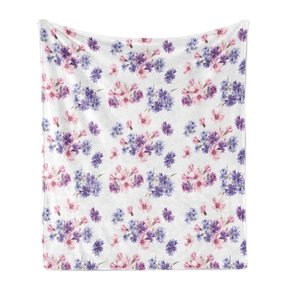 Watercolor Soft Flannel Fleece Blanket, Floral Pattern with Wedding Inspired Blossoming Nature Bridal Bouquet, Cozy Plush for Indoor and Outdoor Use, 70" x 90", Lilac Lavender Pink, by Ambesonne